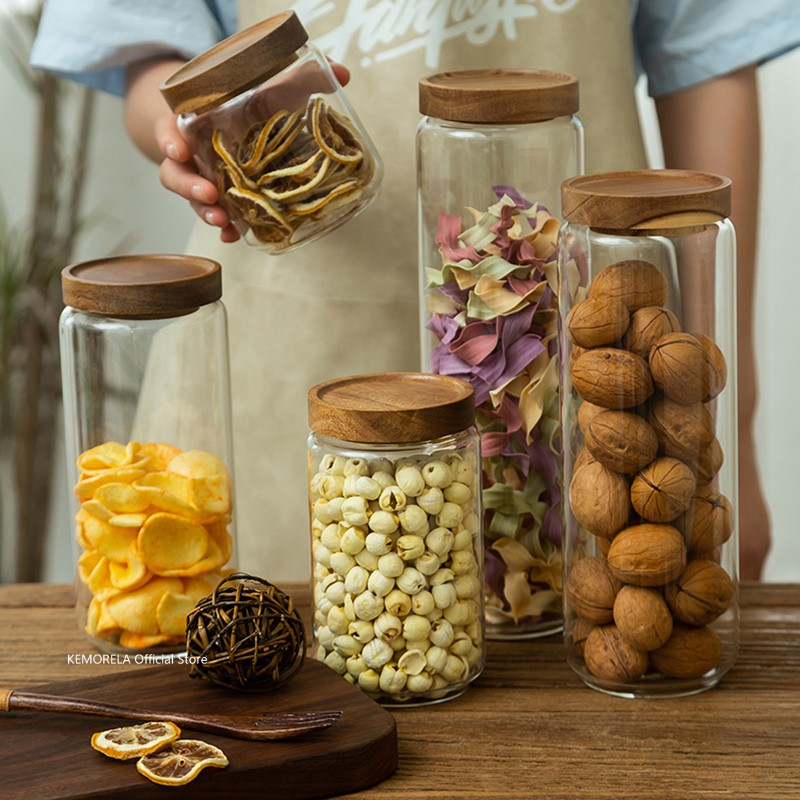 Coffee Tea Canister Set - Drewniana pokrywka Szklany hermetyczny kanister Butelki
